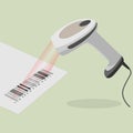 White handheld barcode scanner scanning bar code in flat design