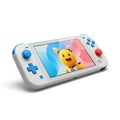 White handheld gaming console with blue and red buttons displaying a cartoon character on screen Royalty Free Stock Photo