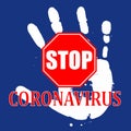 White handprint on a blue background, stop coronavirus sign. Concept of coronavirus quarantine. Vector illustration