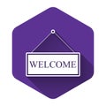 White Hanging sign with text Welcome icon isolated with long shadow. Business theme for cafe or restaurant. Purple