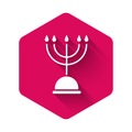 White Hanukkah menorah icon isolated with long shadow. Hanukkah traditional symbol. Holiday religion, jewish festival of Royalty Free Stock Photo