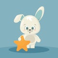 Cute White Happy Cartoon Rabbit Bunny Character With The Orange Star For Card Or Decoration On Birthday, Easter Or New Year On Blu