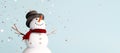 White happy Snowman with red scarf on blue background Royalty Free Stock Photo