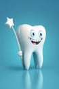 white happy tooth with a toothbrush on blue background. Cartoon character. Generative AI Royalty Free Stock Photo