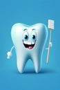 white happy tooth with a toothbrush on blue background. Cartoon character. Generative AI Royalty Free Stock Photo