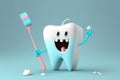 white happy tooth with a toothbrush on blue background. Cartoon character. Generative AI Royalty Free Stock Photo