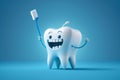 white happy tooth with a toothbrush on blue background. Cartoon character. Generative AI Royalty Free Stock Photo