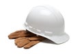 White hard hat and leather work gloves on white Royalty Free Stock Photo