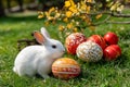Generated AI image. White hare beside beautifully painted red and orange Easter eggs on lush green grass Royalty Free Stock Photo
