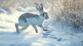 A White Hare Running Through Snow in the Winter Royalty Free Stock Photo