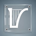White Harp icon isolated on grey background. Classical music instrument, orhestra string acoustic element. Square glass