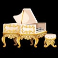 The white Harpsichord in vintage style with a chair isolated on a black background. Vector illustration.