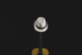 White hat hangs on the guitar fretboard. acoustic musical instrument. strings on the guitar neck