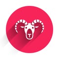 White Head of goat or ram icon isolated with long shadow. Mountain sheep. Animal symbol. Red circle button. Vector Royalty Free Stock Photo