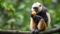 White headed capuchin monkey eating fruit on jungle branch with expressive Royalty Free Stock Photo