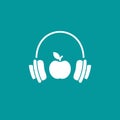 White headphones with apple icon. Flat vector earphones isolated on blue Royalty Free Stock Photo