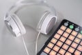 White headphones and beatbox on a gray background Royalty Free Stock Photo