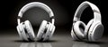 White headphones isolated on black background. Wireless and wired headset with noise cancelling. Banner. Royalty Free Stock Photo