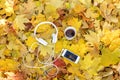 White headphones with a player and a cup of tea and coffee on a background of yellow leaves