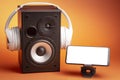 White headphones on speaker and smartphone, music online concept, mockup, isolate on orange