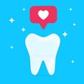 White healthy beautiful tooth with heart, social media like icon. Concept of dental health care, cleaning teeth