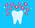 White healthy beautiful tooth with hearts, social media like icons. Concept of dental health care, cleaning teeth