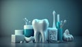 White healthy tooth, different tools for dental care. Blue background, Generative Ai