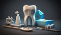 White healthy tooth, different tools for dental care, Generative Ai