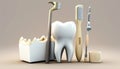 White healthy tooth, different tools for dental care, Generative Ai