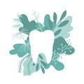 White healthy tooth, green leaves and herbs. Flat style. Concept of oral hygiene and dental care. Vector illustration isolated on