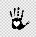 White heart in black palm print. Royalty Free Stock Photo