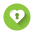 White Heart with keyhole icon isolated with long shadow. Locked Heart. Love symbol and keyhole sign. Green circle button