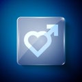 White Heart with male gender symbol icon isolated on blue background. Square glass panels. Vector Royalty Free Stock Photo