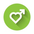 White Heart with male gender symbol icon isolated with long shadow. Green circle button. Vector Royalty Free Stock Photo