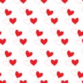 White heart with red outline contour and red fill heart partly overlapping and isolated in a white transparent seamless pattern