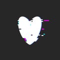 White heart shape with glitch effect on black background. Vector