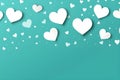 White heart shaped confetti scratched on teal blue background. Festive abstract backdrop Royalty Free Stock Photo