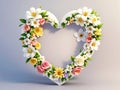 White heart shaped frame decorated with colorful flowers on white background.Generative AI. Royalty Free Stock Photo