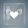 White Heart with wings icon isolated on grey background. Love symbol. Valentines day. Square glass panels. Vector Royalty Free Stock Photo