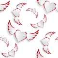 White hearts with wings flying Insulated on white background. Seamless texture. Valentine s Day. illustration