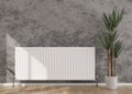 White heating radiator on grey concrete wall in modern room. Central heating system. Free, copy space for your text. 3D