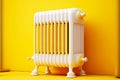 white heating radiator on legs on yellow background