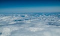 White heavy clouds in the blue sky. Panoramic cloudscape above the clouds