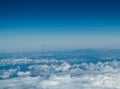 White heavy clouds in the blue sky. Panoramic cloudscape above the clouds