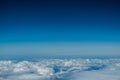 White heavy clouds in the blue sky. Panoramic cloudscape above the clouds