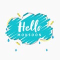 White Hello Monsoon Text on Blue Scribble Cloud with Lightning