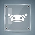 White Helmet with wings icon isolated on grey background. Greek god Hermes. Square glass panels. Vector