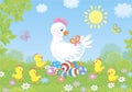 White Hen with chicks and Easter eggs Royalty Free Stock Photo