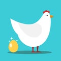 White hen laying shiny gold egg on turquoise blue background. Investment, wealth, profit and luck concept. Flat design. Vector Royalty Free Stock Photo