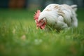 white hen pecking grains on green grass Royalty Free Stock Photo